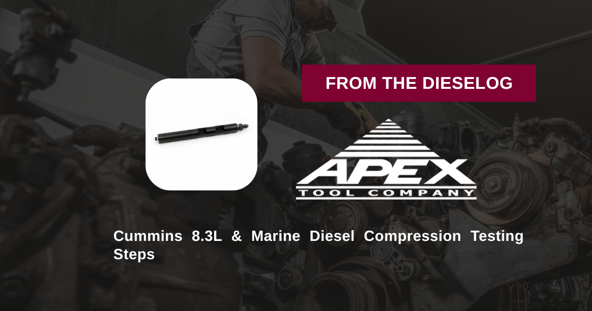 Step-by-step close up layout of heavy-duty diesel compression testing adapter and gauge on an engine diagnostic bench